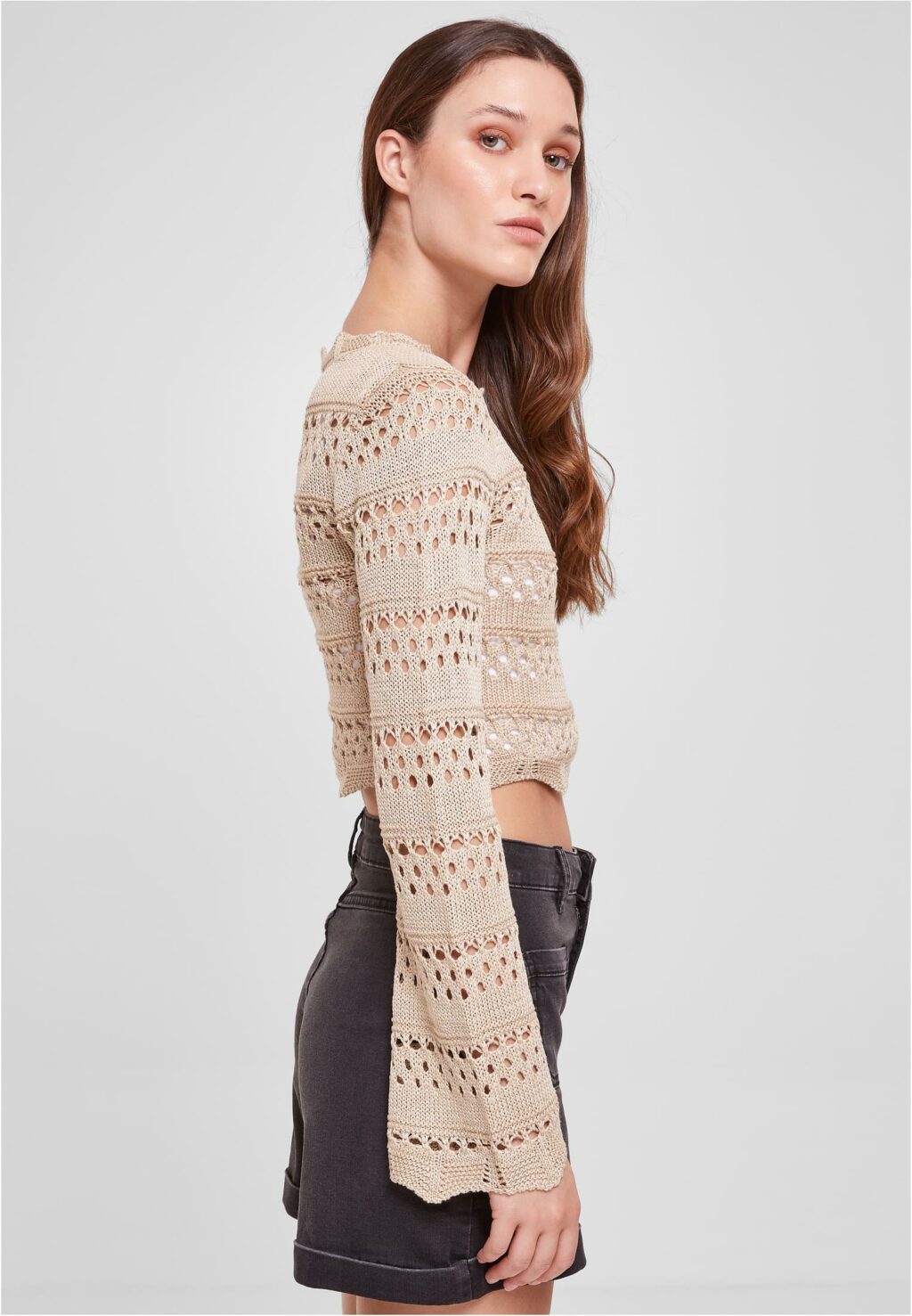 Urban Classics Ladies Cropped Crochet Knit Sweater softseagrass TB5970