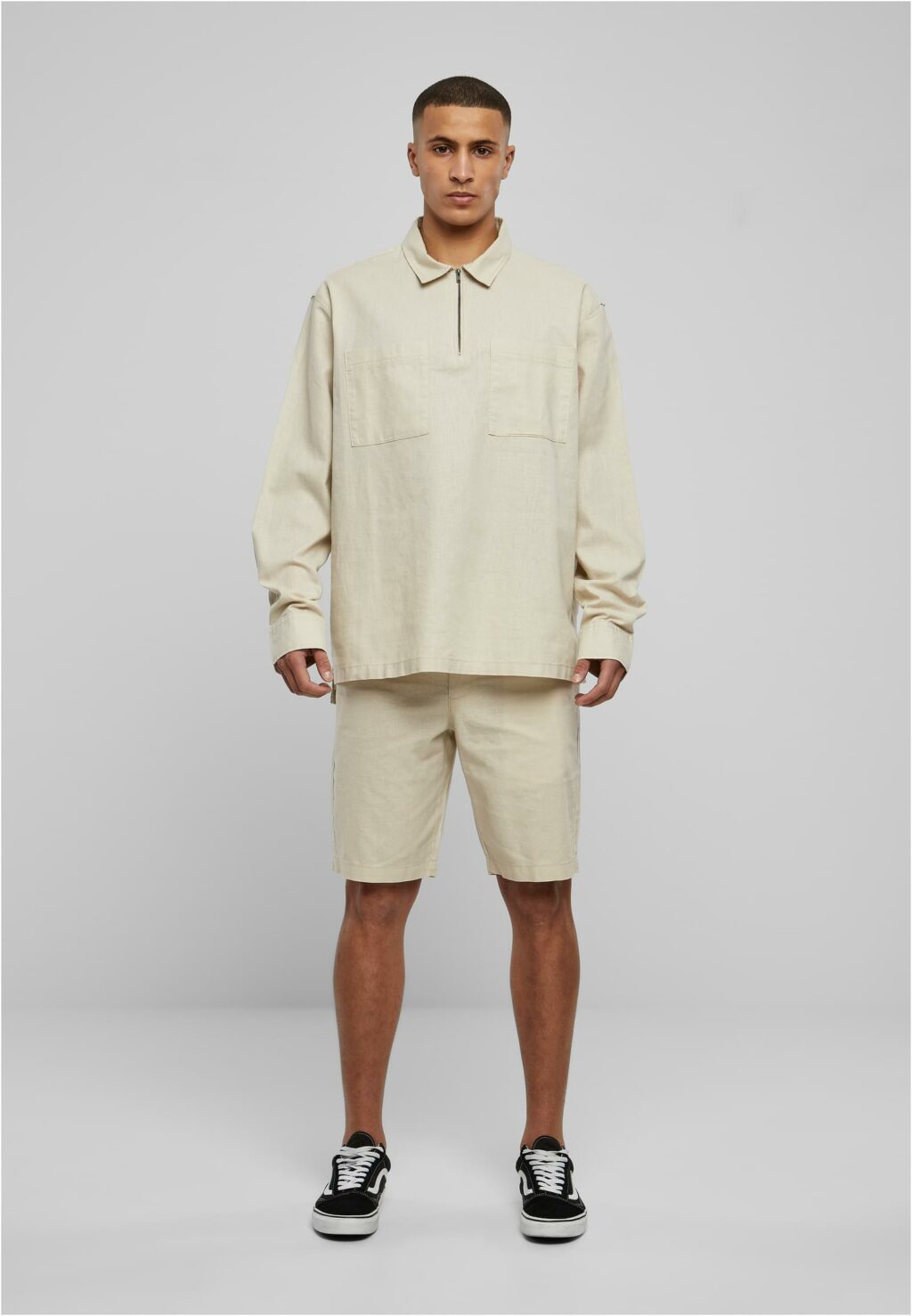 Urban Classics Cotton Linen Half Zip Shirt softseagrass TB6243