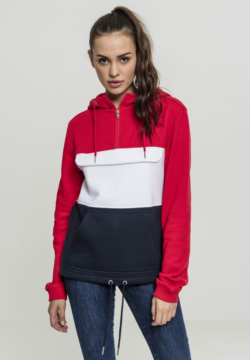 Urban Classics Ladies Color Block Sweat Pull Over Hoody firered/navy/white TB1988