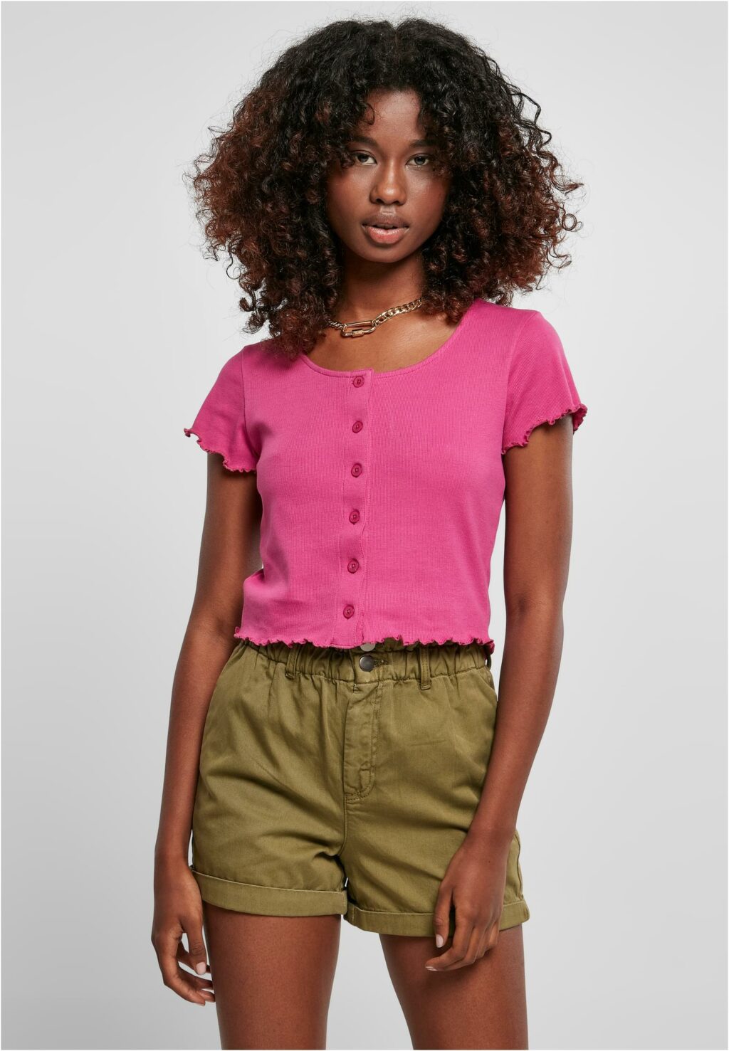 Urban Classics Ladies Cropped Button Up Rib Tee brightviolet TB4103