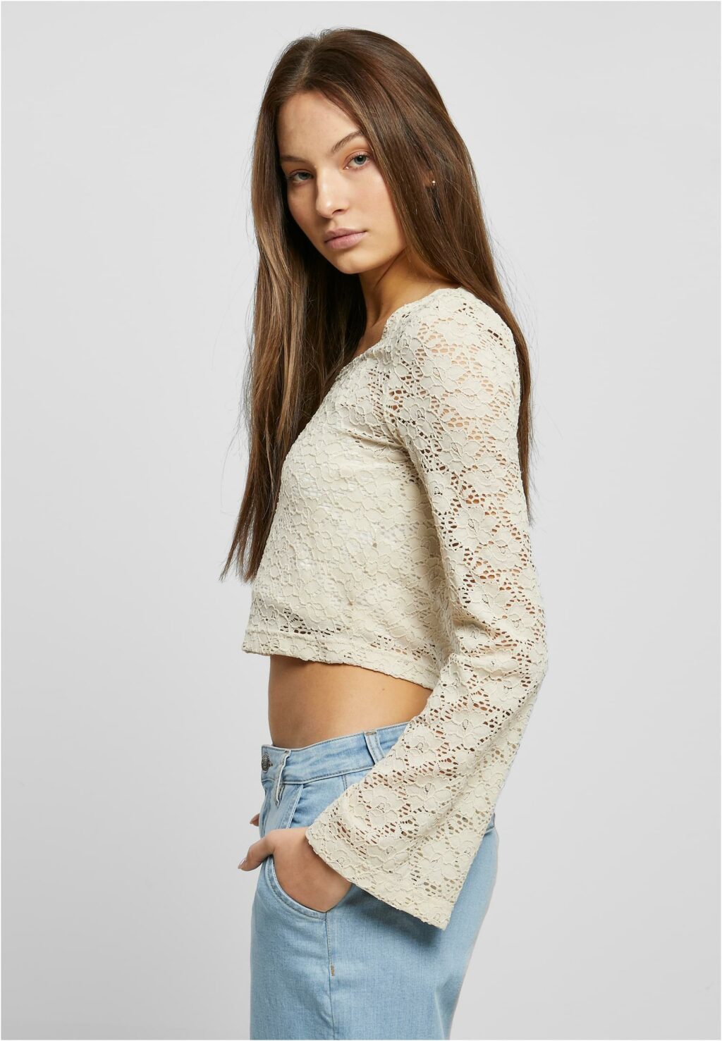 Urban Classics Ladies Cropped Lace Longsleeve softseagrass TB5973