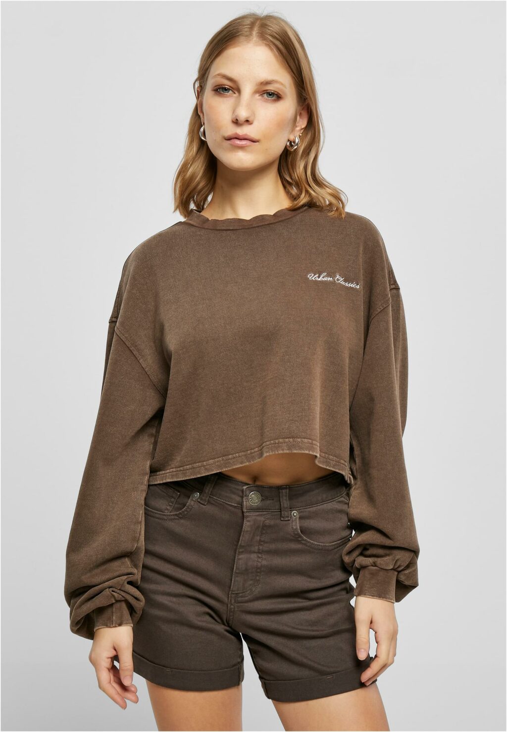 Urban Classics Ladies Cropped Small Embroidery Terry Crewneck brown TB5461