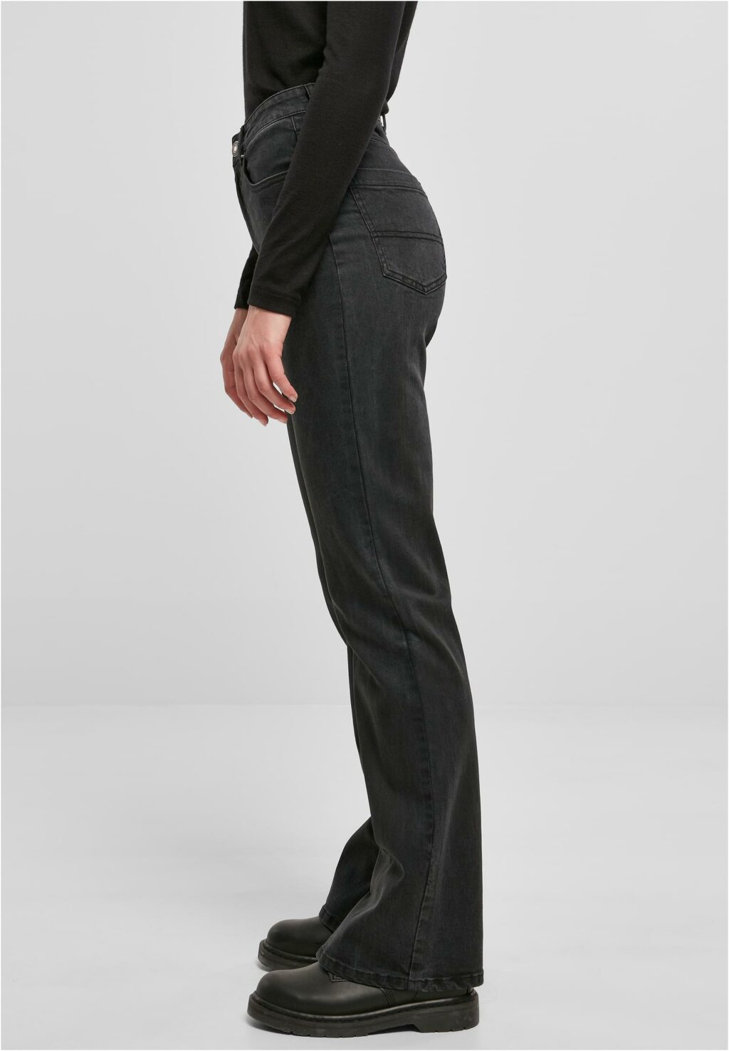 Urban Classics Ladies Highwaist Straight Slit Denim Pants black washed TB5467