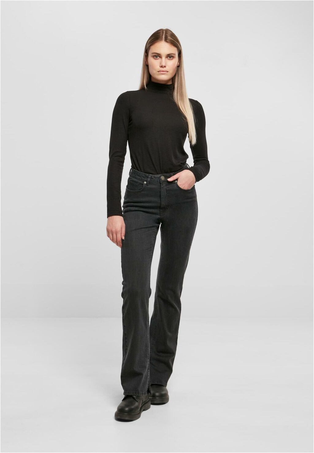 Urban Classics Ladies Highwaist Straight Slit Denim Pants black washed TB5467