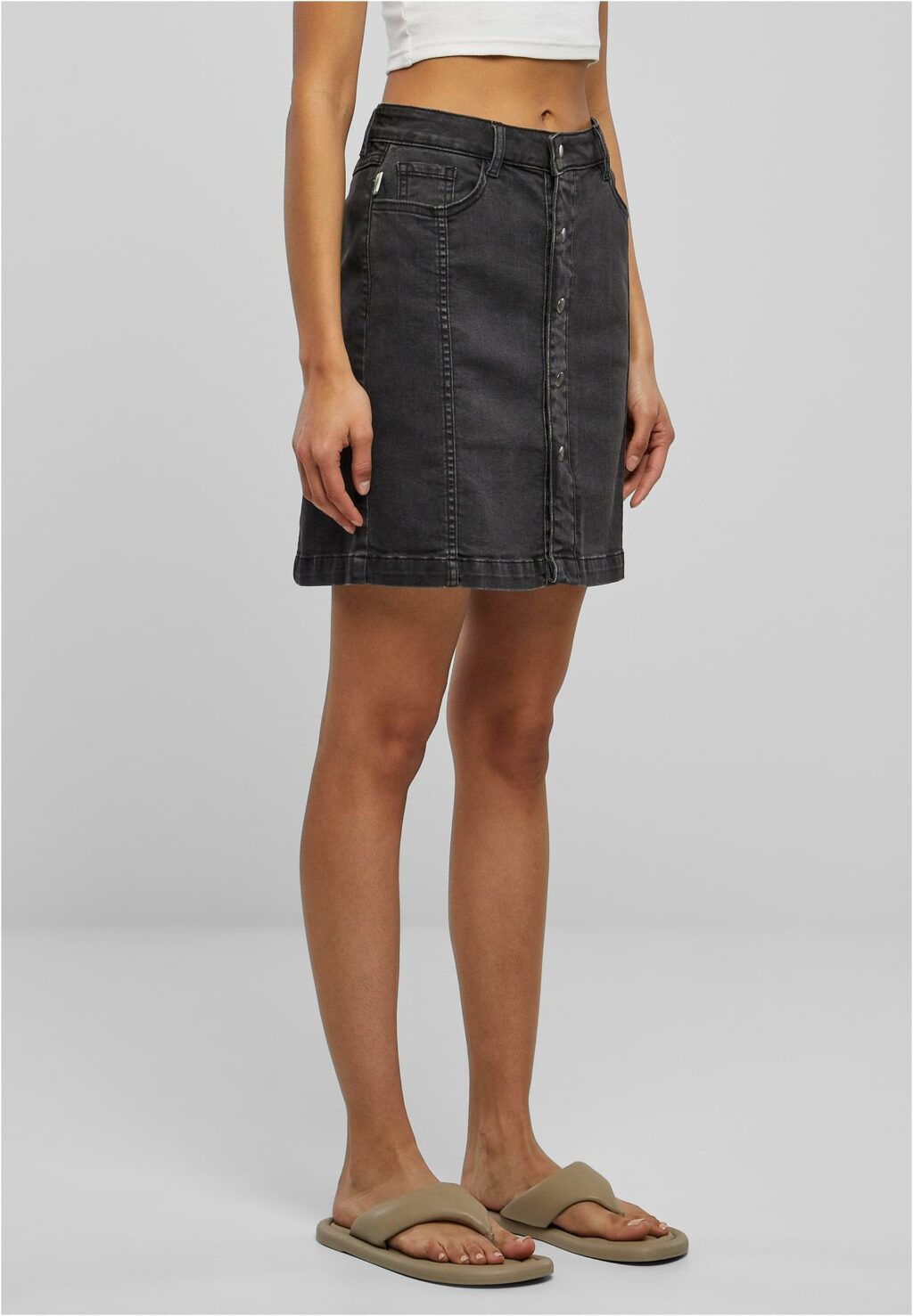 Urban Classics Ladies Organic Stretch Button Denim Skirt black washed TB6039