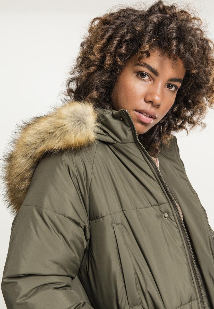 Urban Classics Ladies Oversize Faux Fur Puffer Coat darkolive/beige TB2382