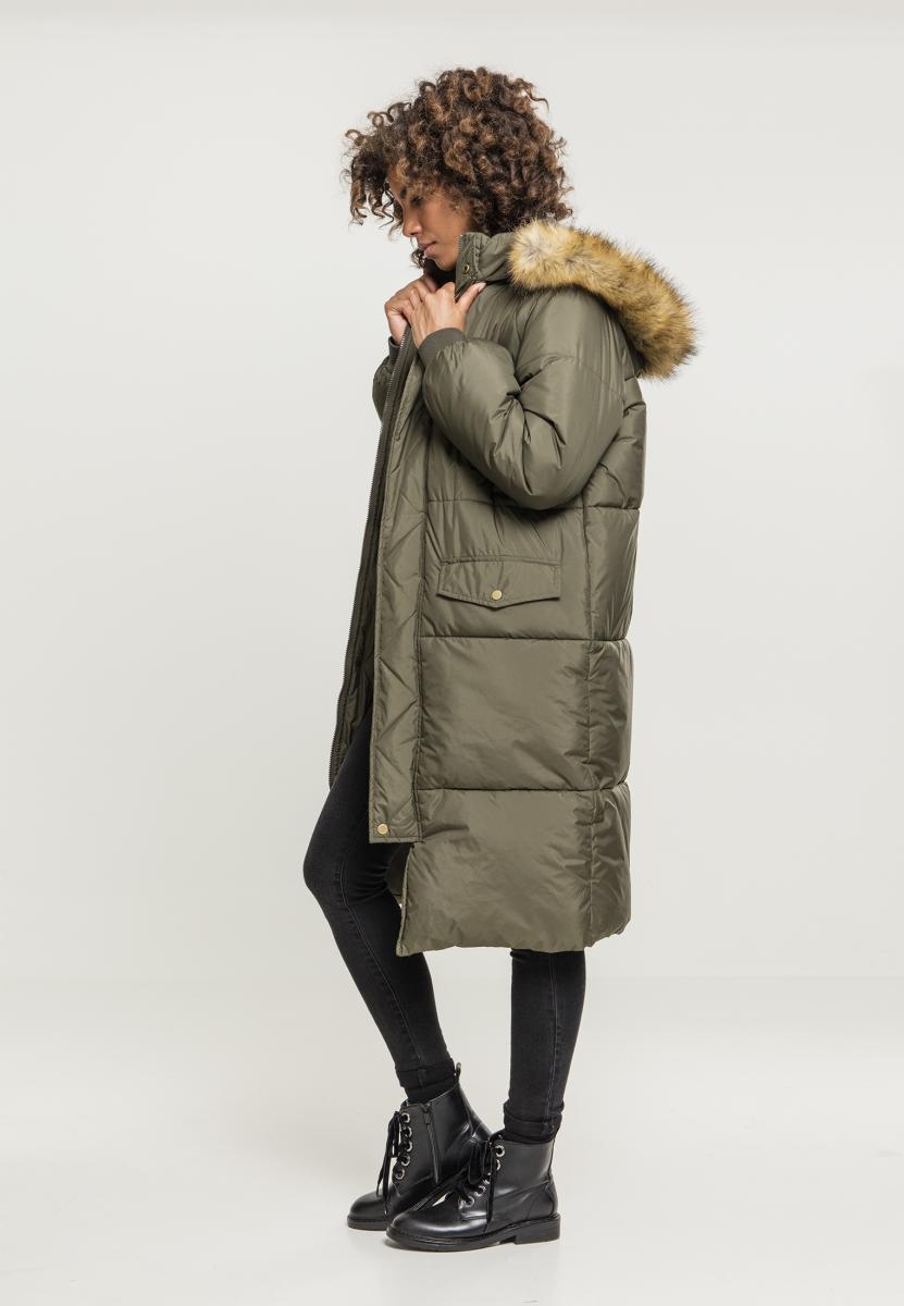 Urban Classics Ladies Oversize Faux Fur Puffer Coat darkolive/beige TB2382