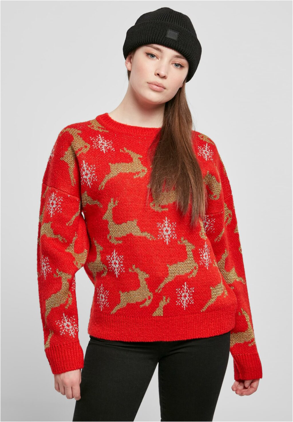 Urban Classics Ladies Oversized Christmas Sweater red/gold TB4559