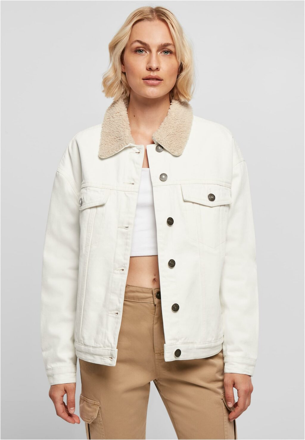 Urban Classics Ladies Oversized Sherpa Denim Jacket offwhite raw TB5077