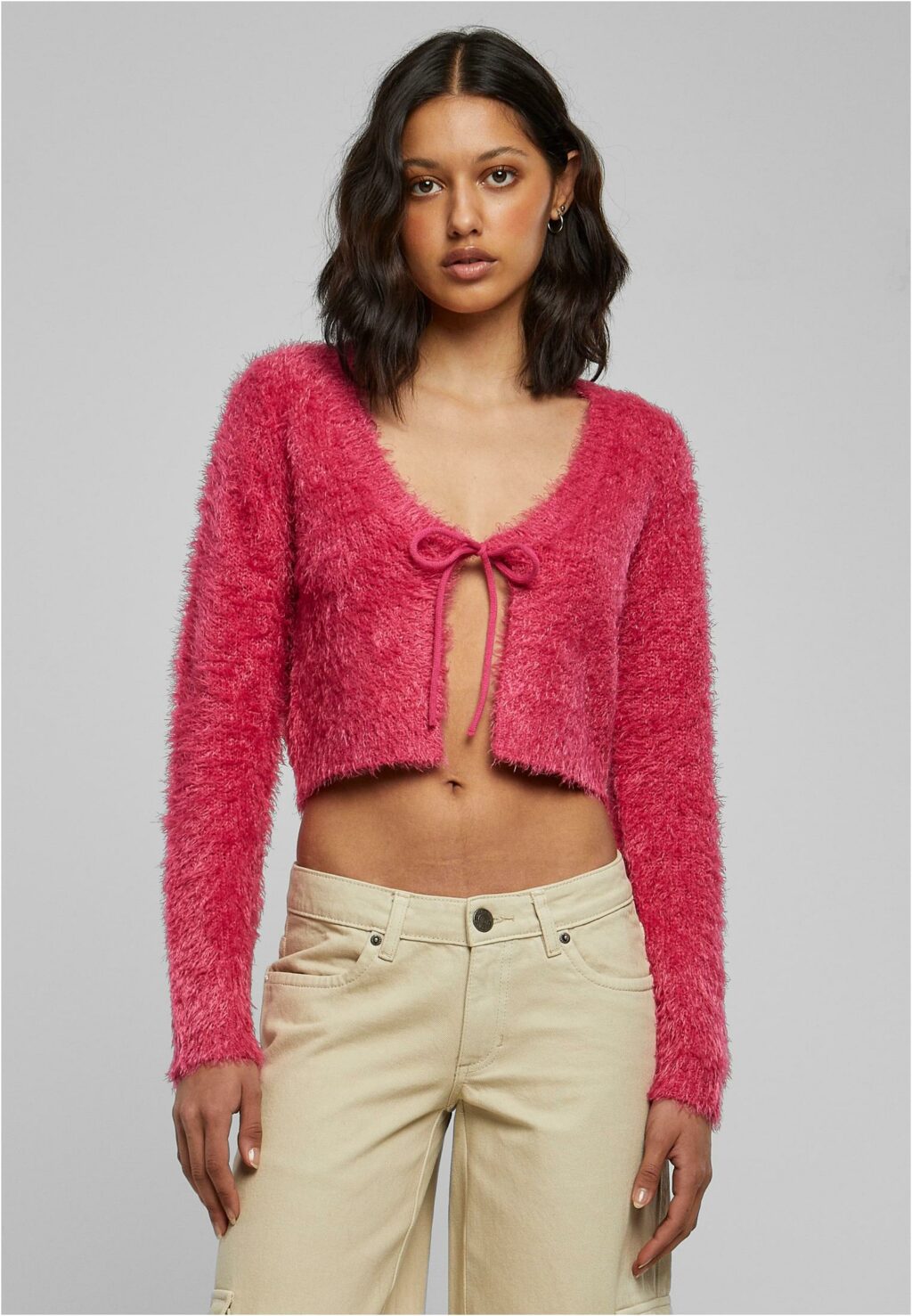 Urban Classics Ladies Tied Cropped Feather Cardigan hibiskuspink TB6082
