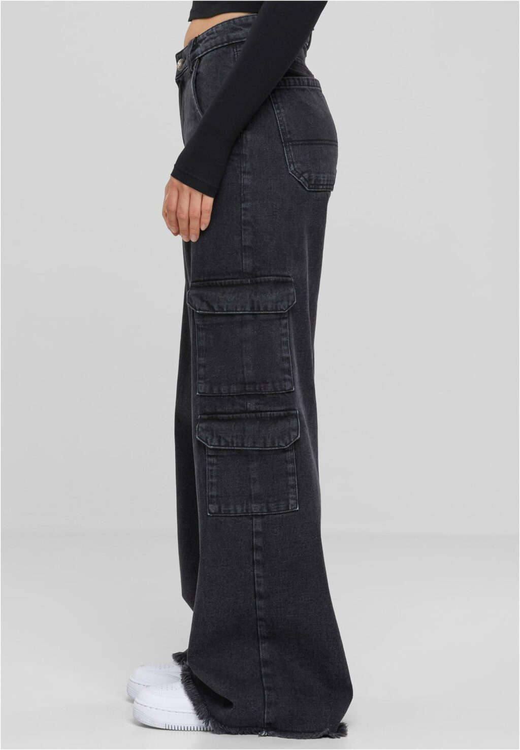 Urban Classics Ladies Mid Waist Cargo Denim Pants black charcoal washed TB6156
