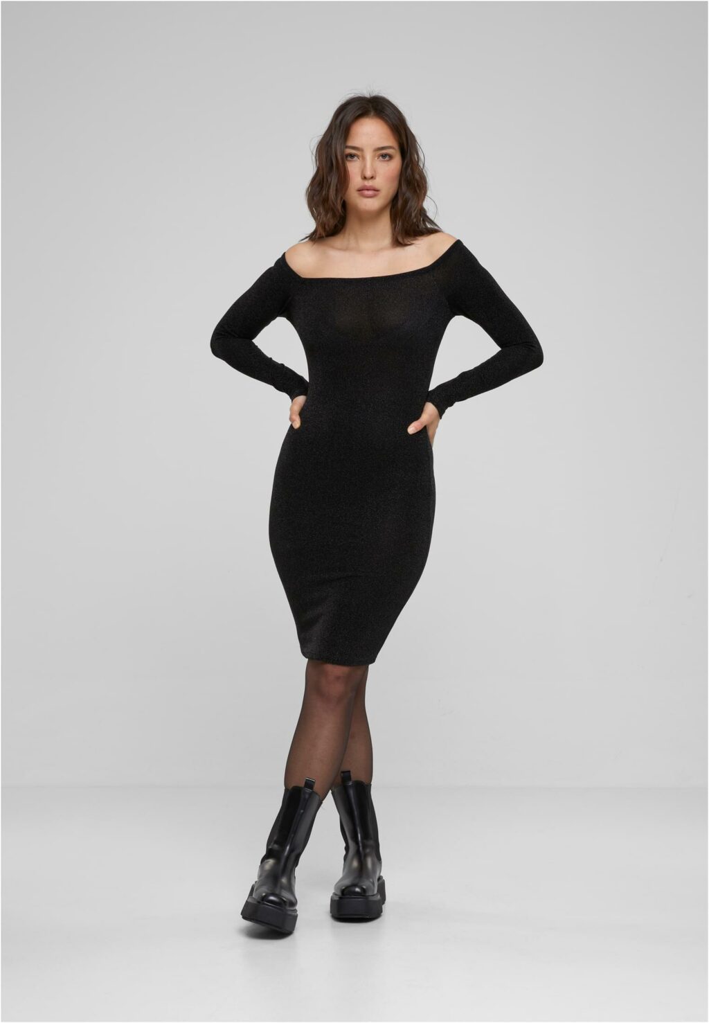 Urban Classics Ladies Off Shoulder Longsleeve Glitter Dress black TB6144
