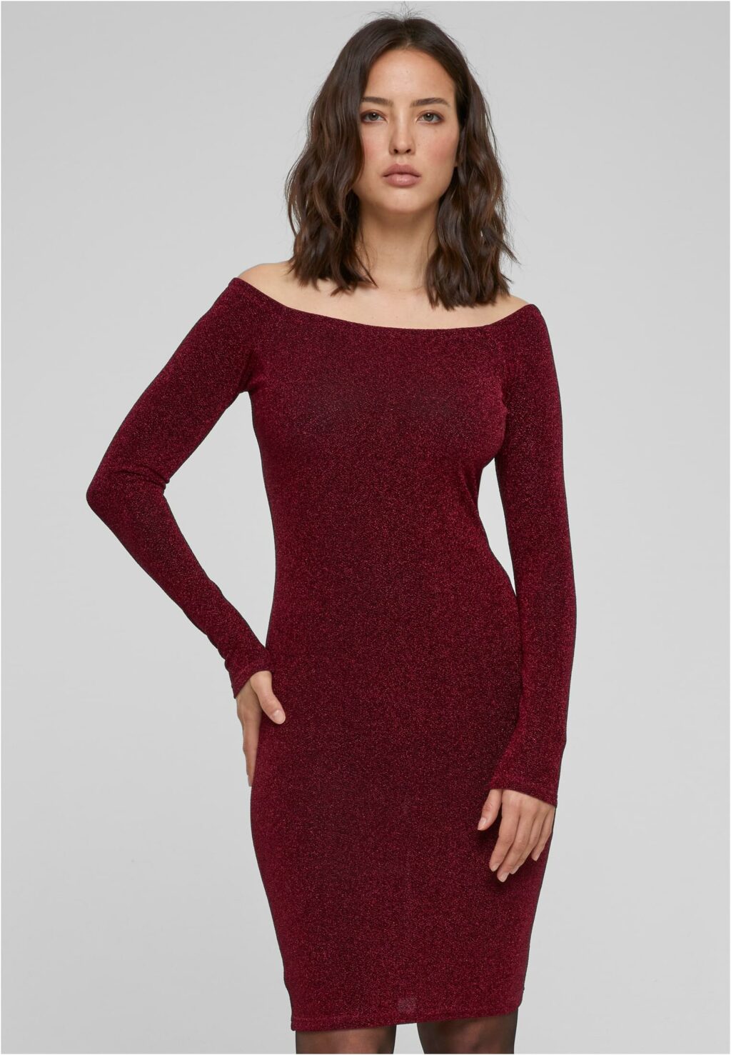 Urban Classics Ladies Off Shoulder Longsleeve Glitter Dress burgundy TB6144