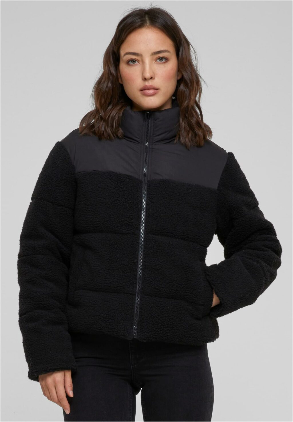 Urban Classics Ladies Short Sherpa Mix Puffer Jacket black/black TB6147