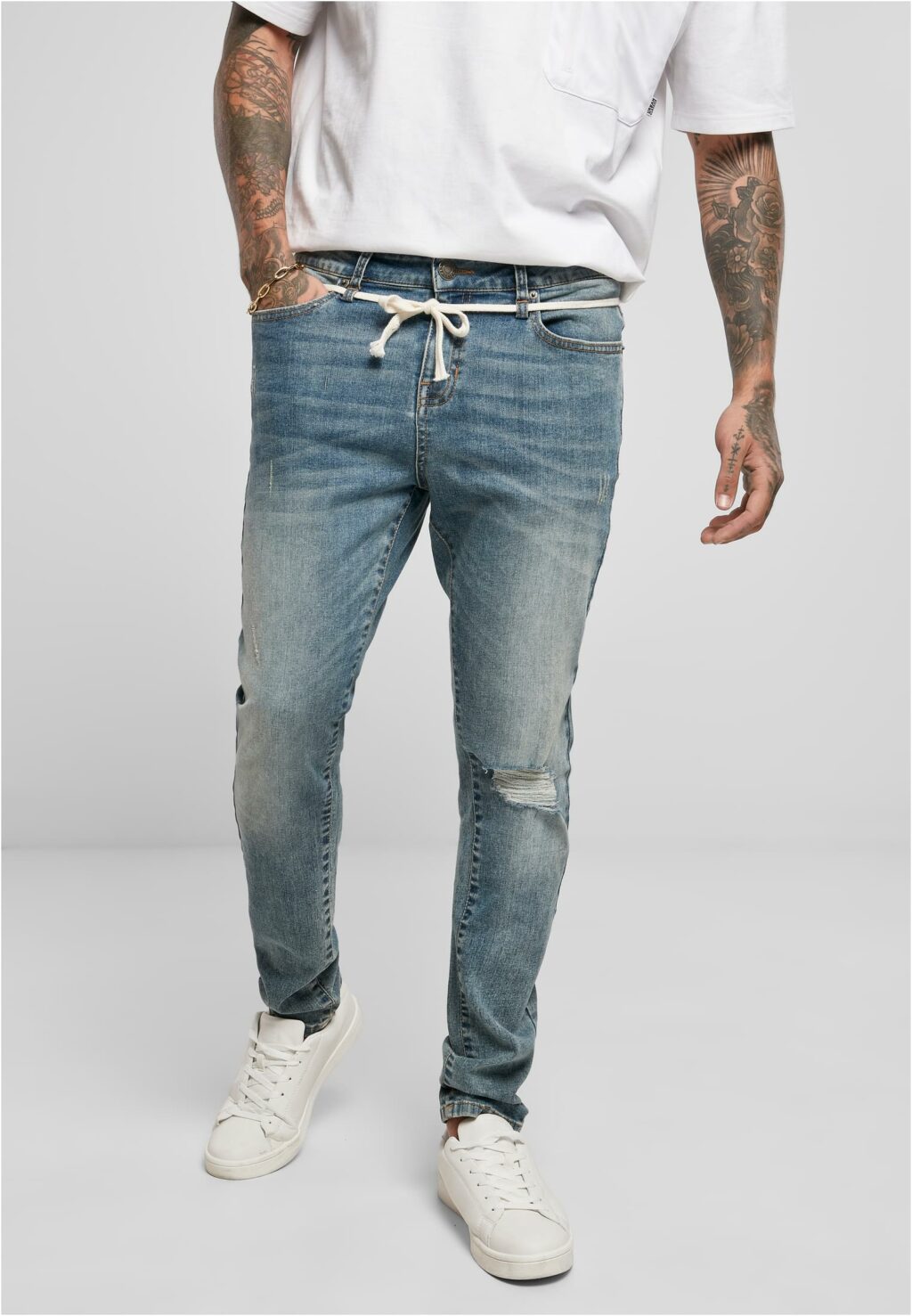 Urban Classics Slim Fit Drawstring Jeans mid heavy destroyed washed TB3934