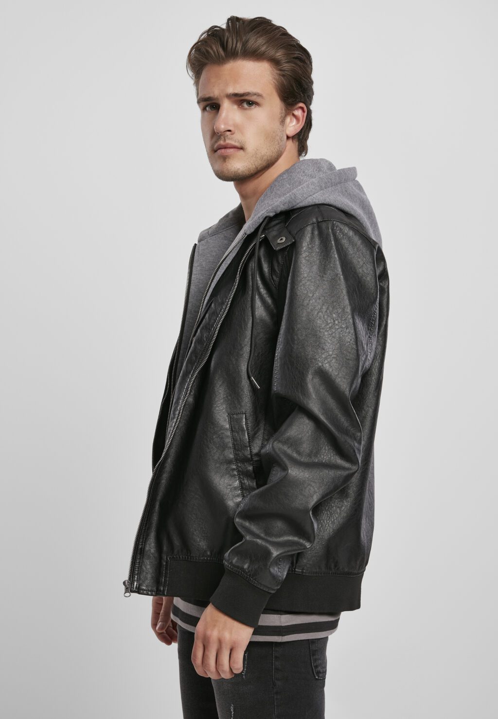 Urban Classics Fleece Hooded Fake Leather Jacket black/grey TB3804