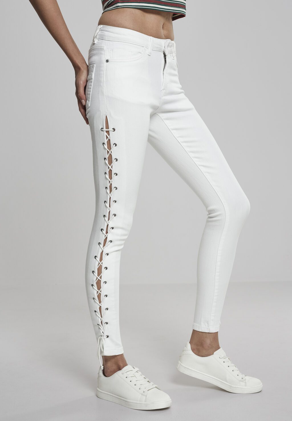 Urban Classics Ladies Denim Lace Up Skinny Pants white TB2003