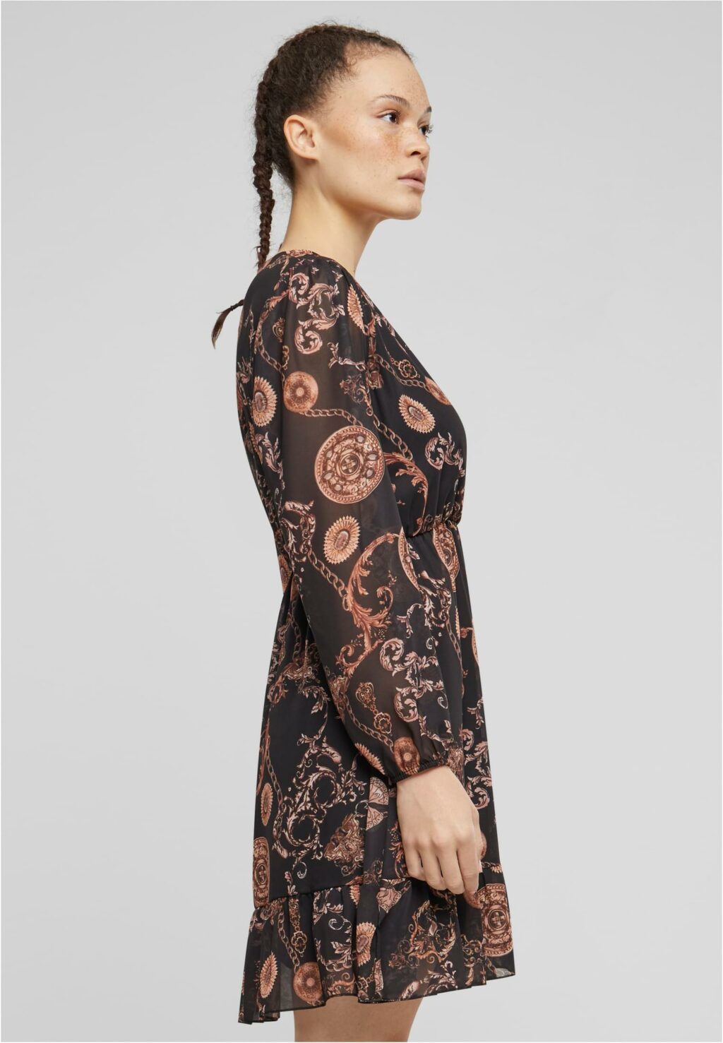 Cloud5ive Damen Chiffon Kleid mit V-Neck und Ornamentprint black 69233CL5