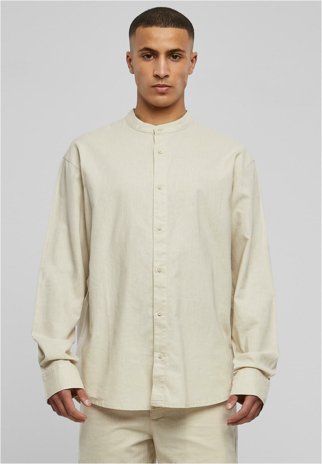 Urban Classics Cotton Linen Stand Up Collar Shirt softseagrass TB6244