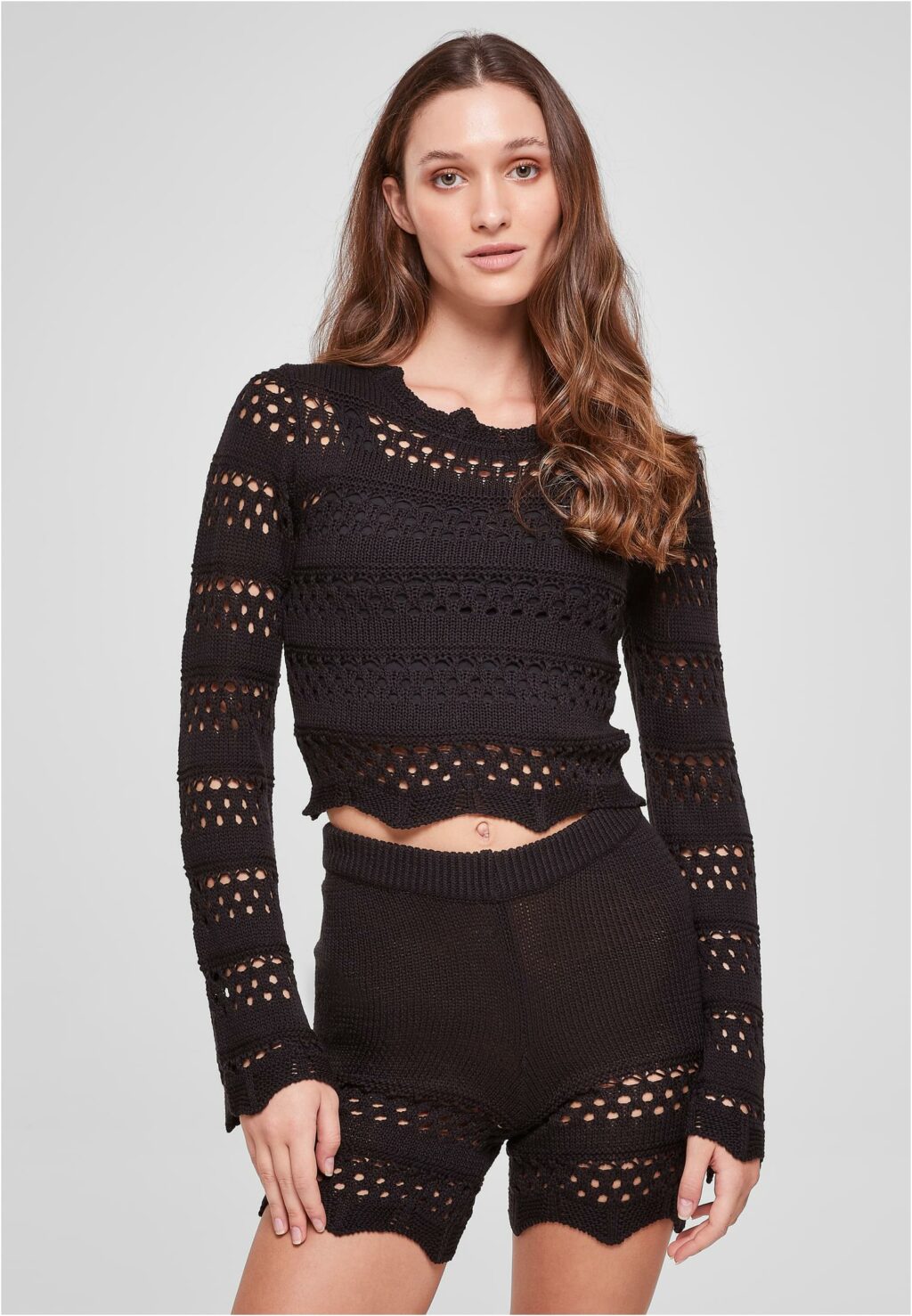 Urban Classics Ladies Cropped Crochet Knit Sweater black TB5970