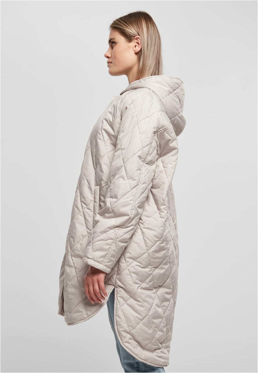 Urban Classics Ladies Oversized Diamond Quilted Hooded Coat warmgrey TB5074
